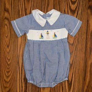 Smocked Sailboat Bubble Romper by House of Hatten Inc. Gingham Smock 6m